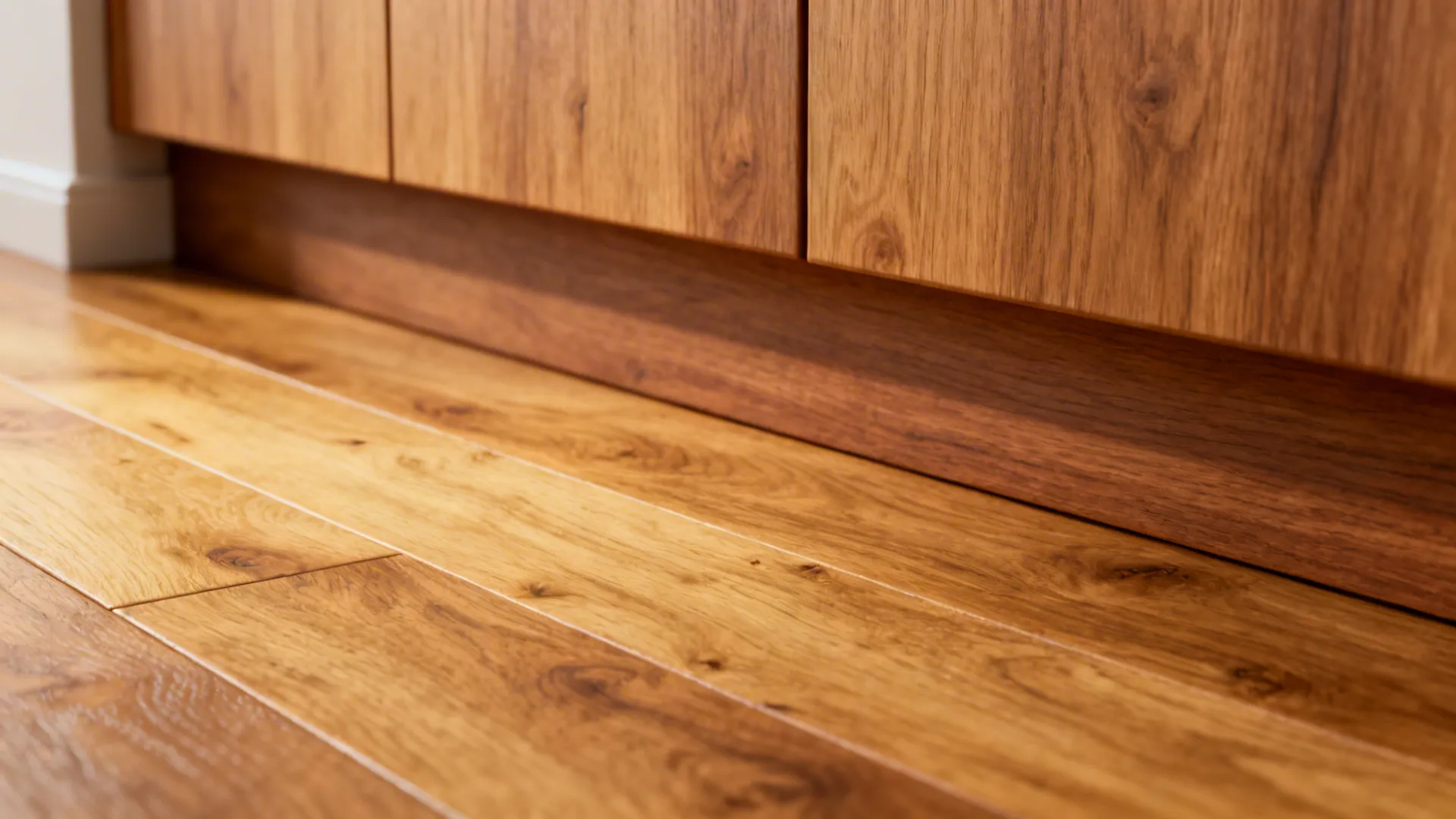 Close-up of engineered oak planks with a slightly different tone from oak cabinets, showing wood grain and matte finish.