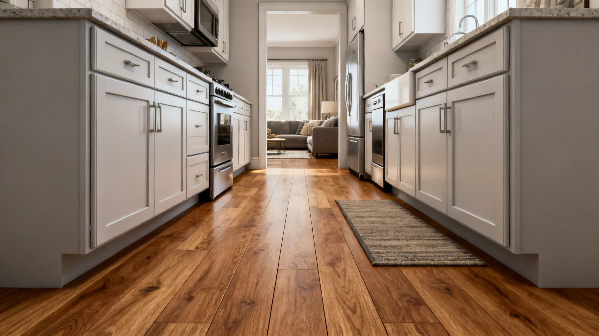 Warm matte engineered oak planks run lengthwise in a small galley kitchen.