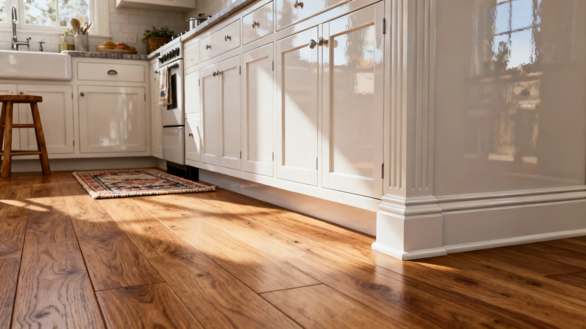 White cabinets with medium engineered oak plank flooring and natural light