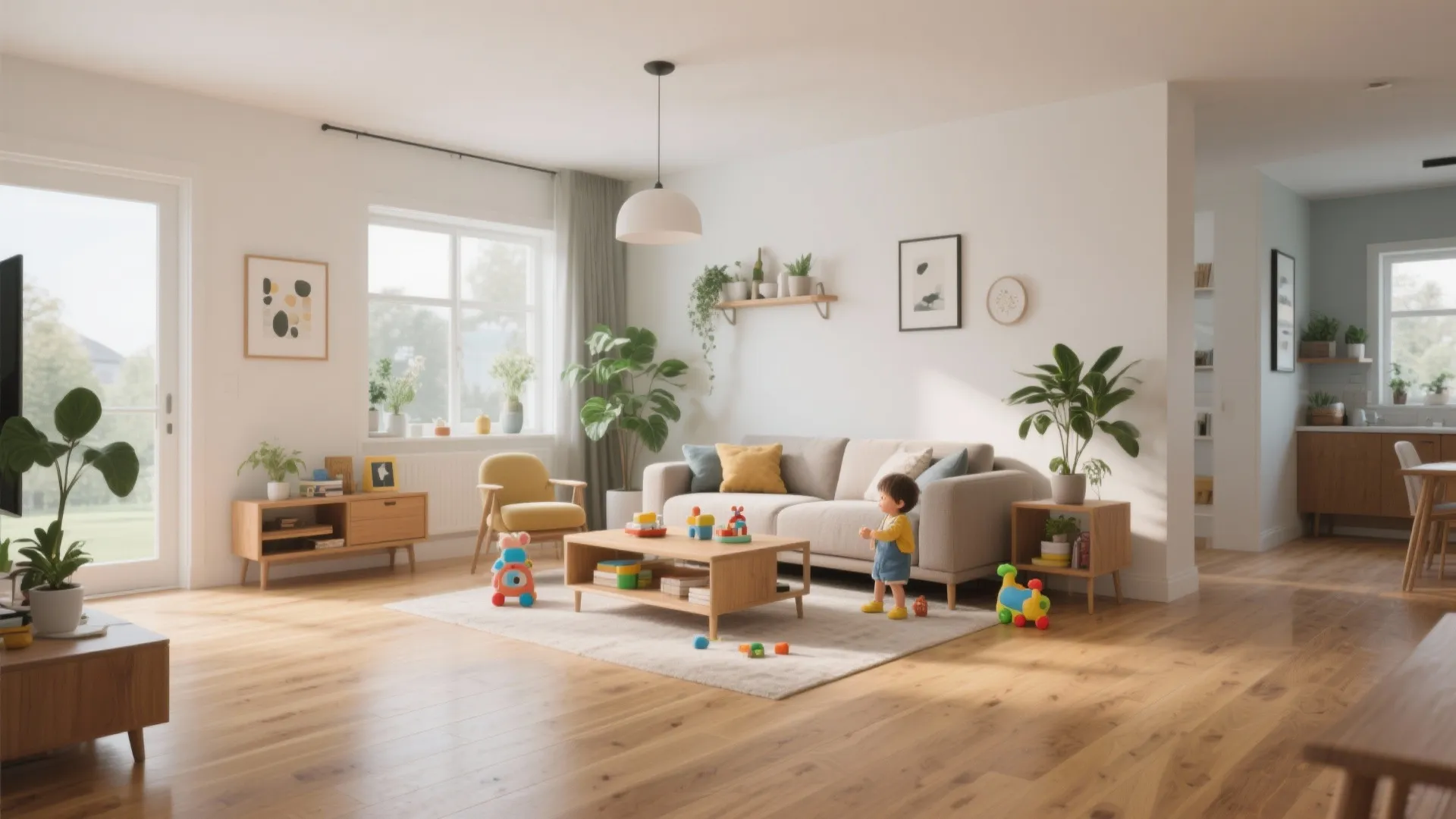 Family-friendly living room with engineered oak flooring and natural light