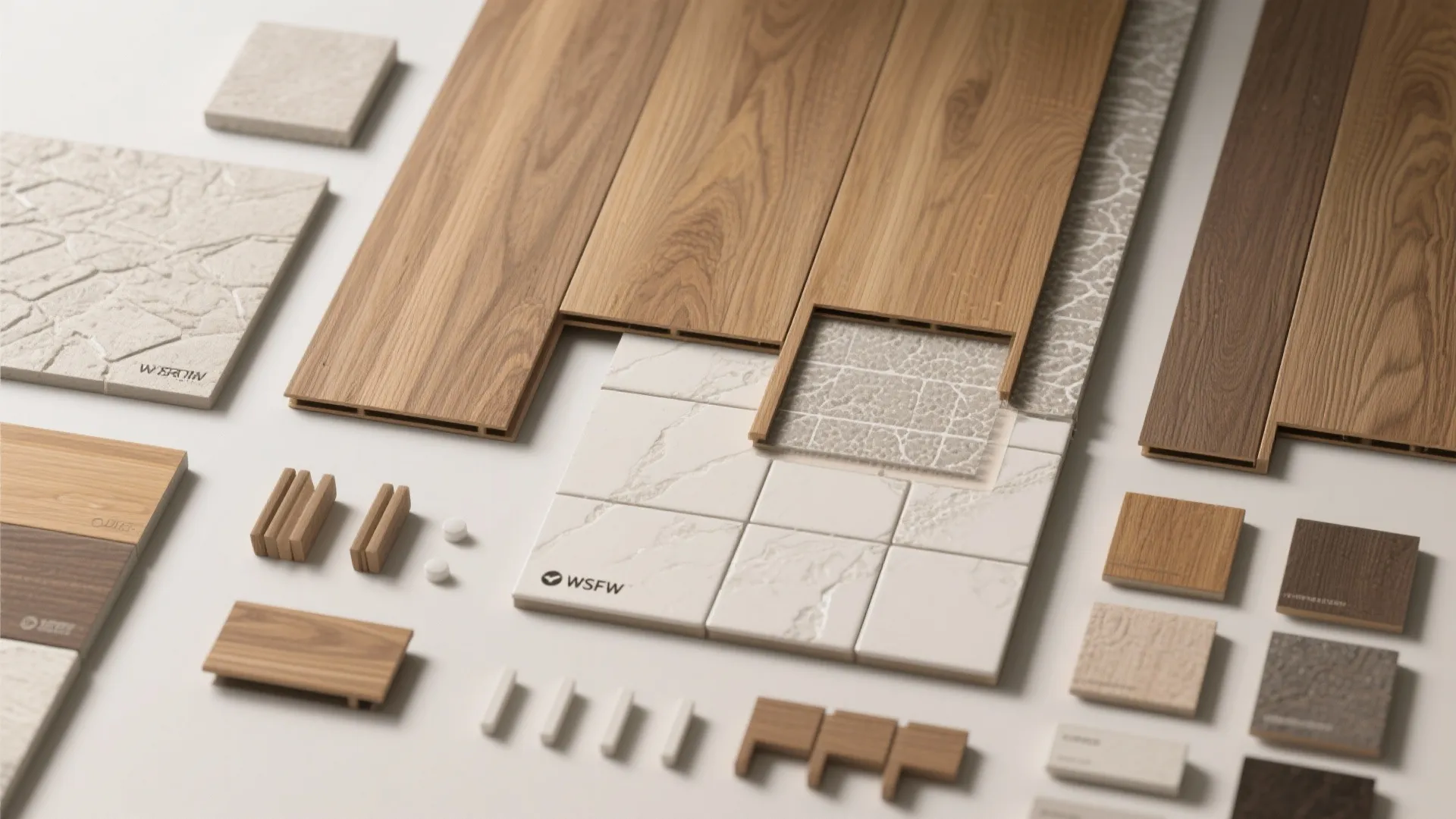 Top-down flatlay of engineered wood-look panels, porcelain planks, and moisture-resistant backer board samples.