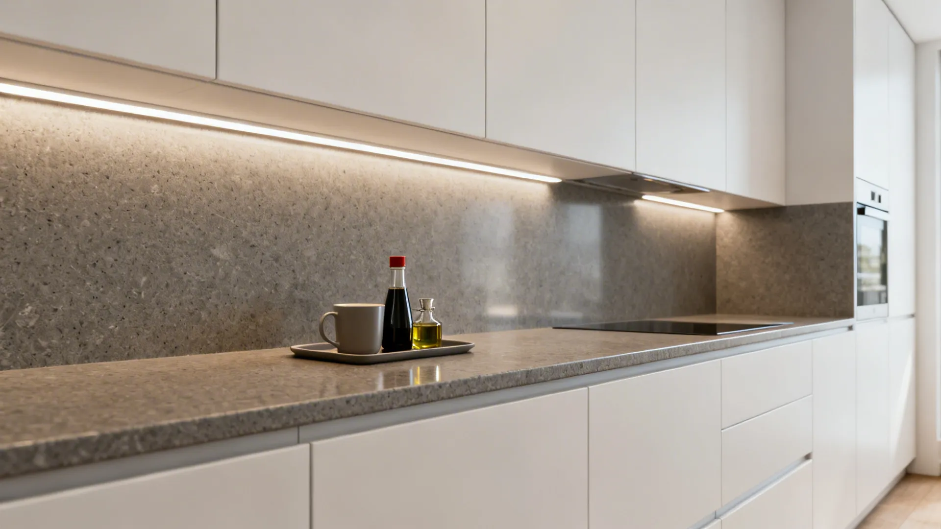 Warm gray engineered quartz countertop in a narrow galley with matte white cabinets.