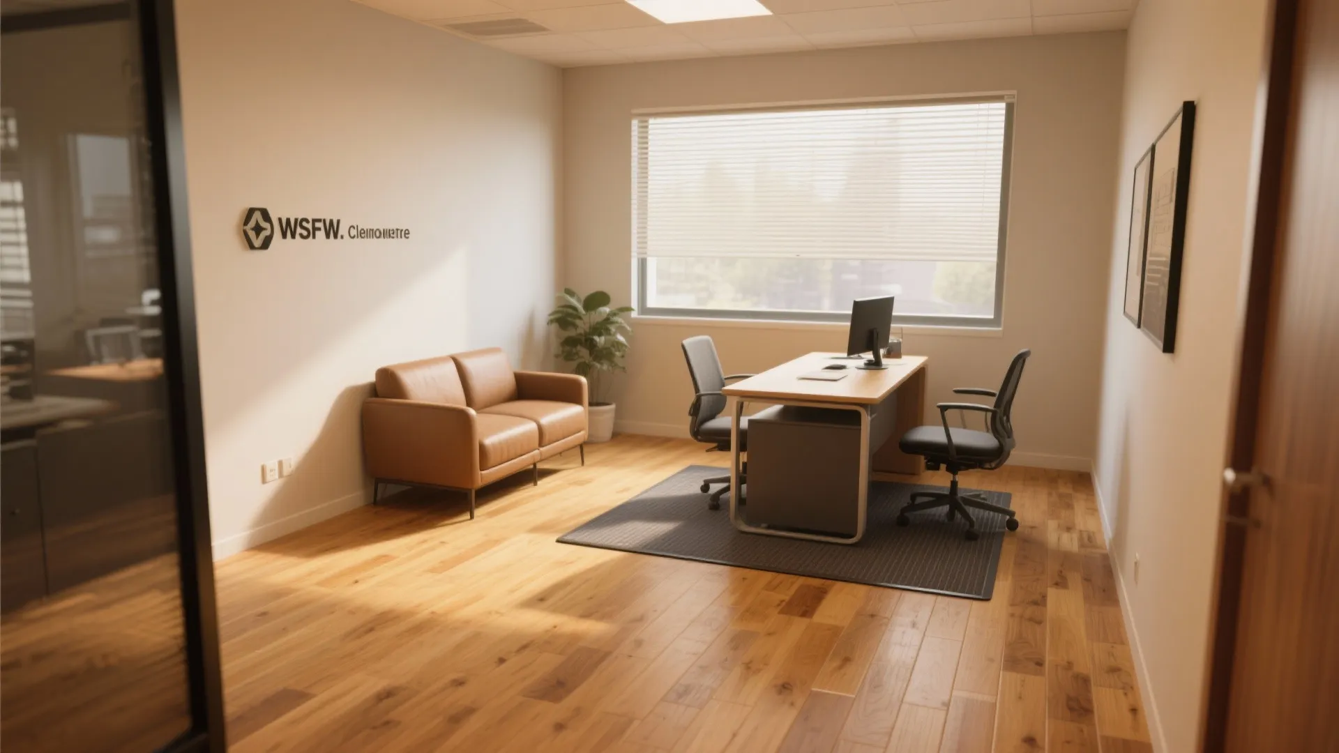 Client-facing office with warm engineered wood flooring and protective chair mat.