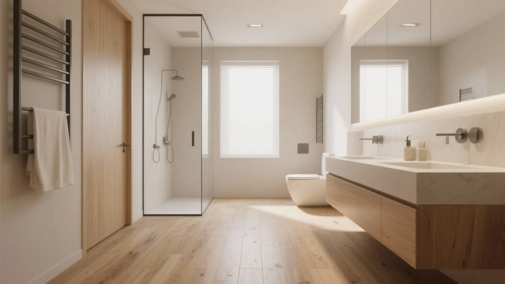 Modern bright bathroom with glass shower, light wood flooring, floating vanity, double sinks, and window