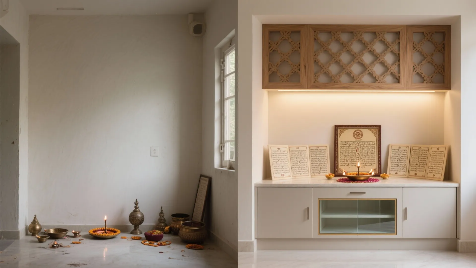 Before-and-after of a niche transformed with engineered wood jali and slim storage cabinet under a softly lit altar.