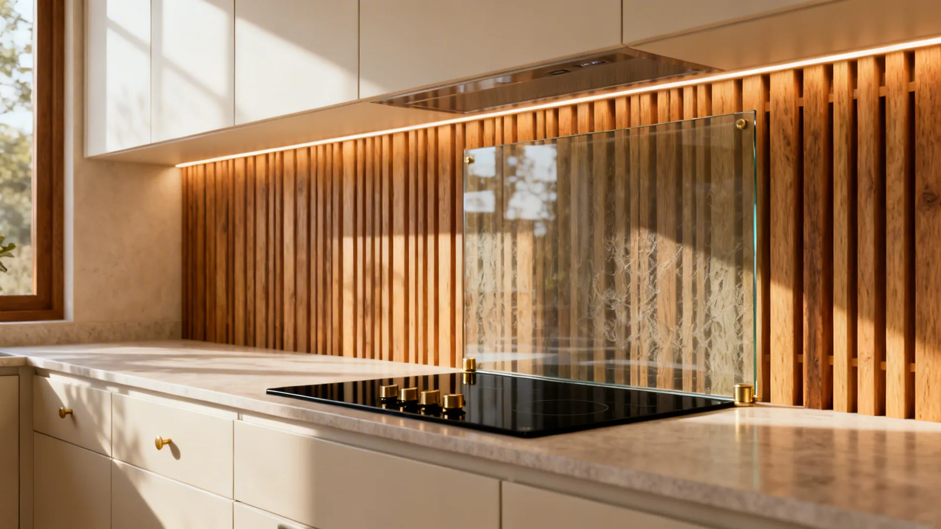 Engineered wood vertical slat backsplash with warm LED wash and glass splash guard.
