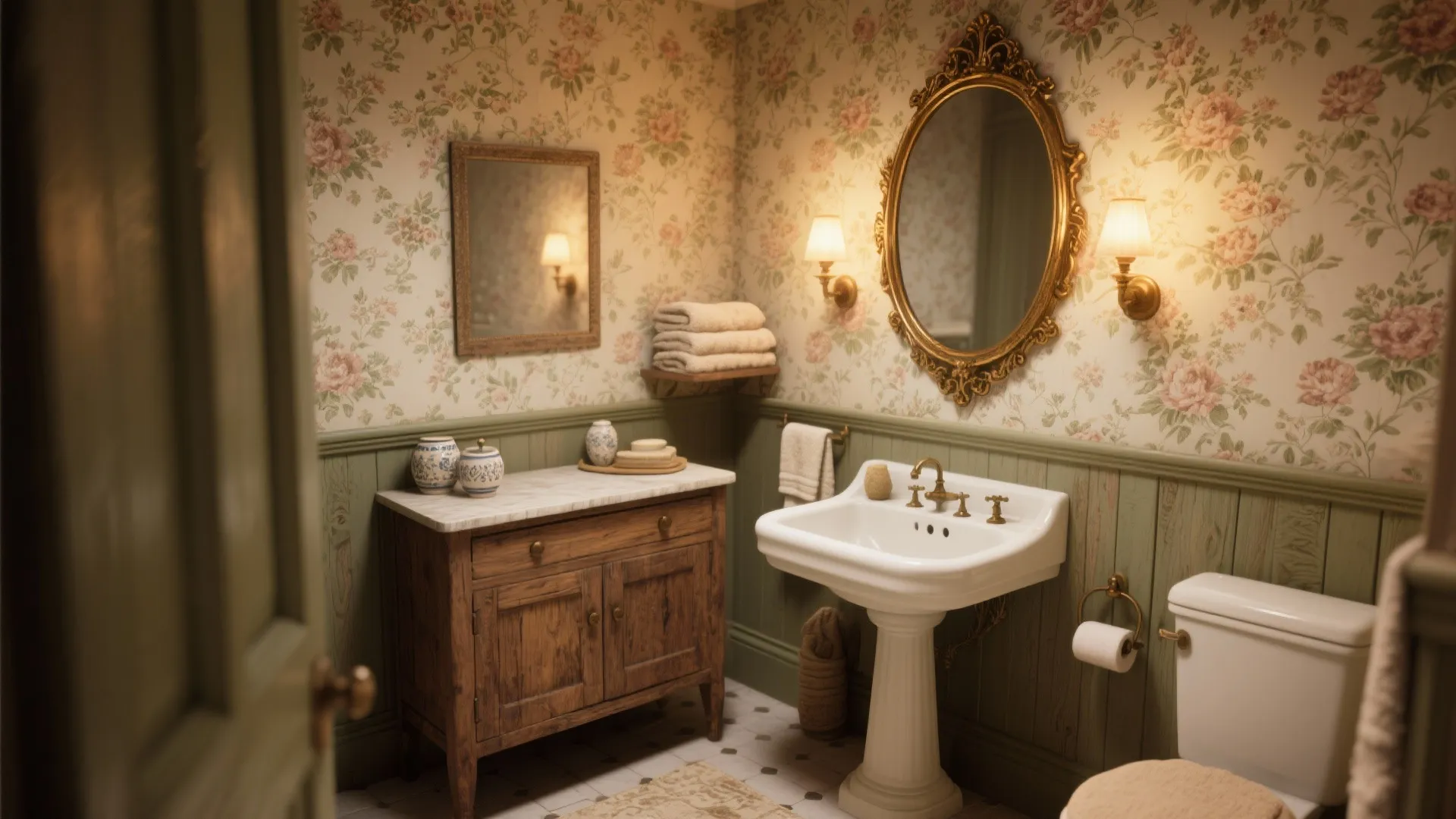 3. English Country Warmth — Vintage Wood and Floral