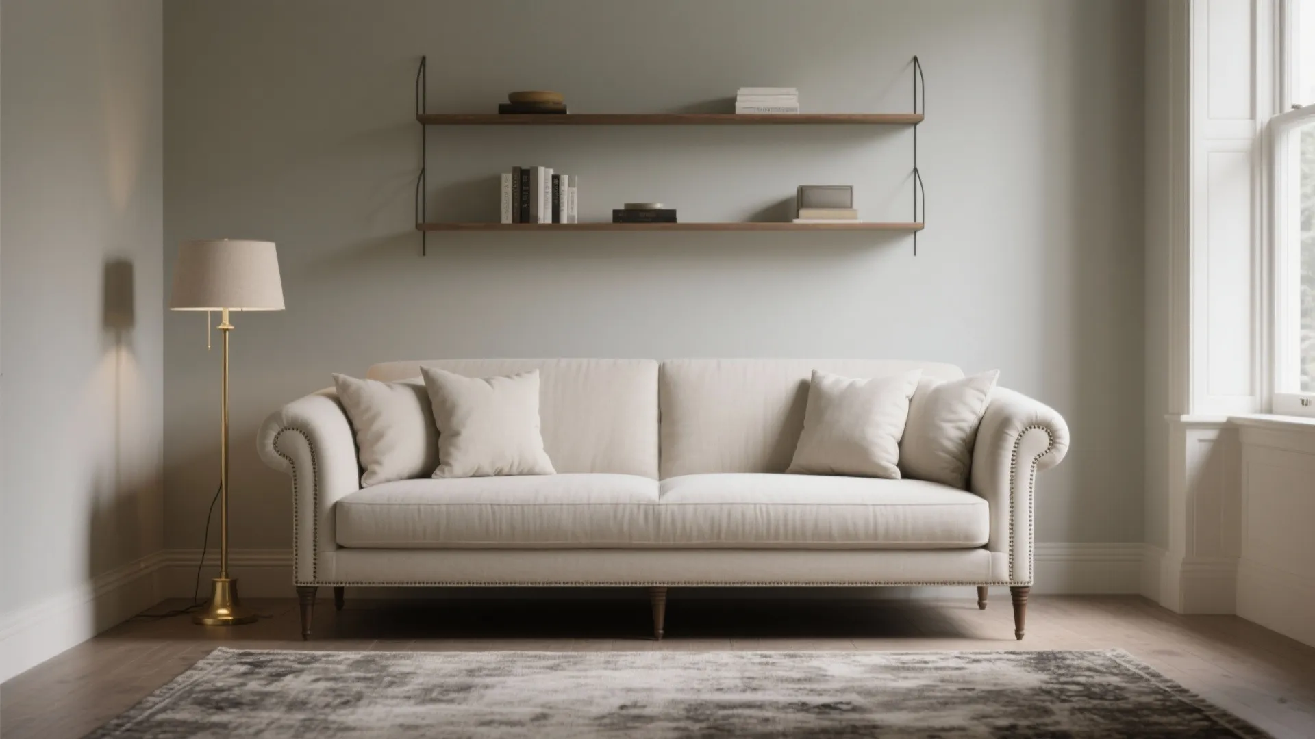 Elegant white sofa with pillows in a neutral living room with shelves and floor lamp