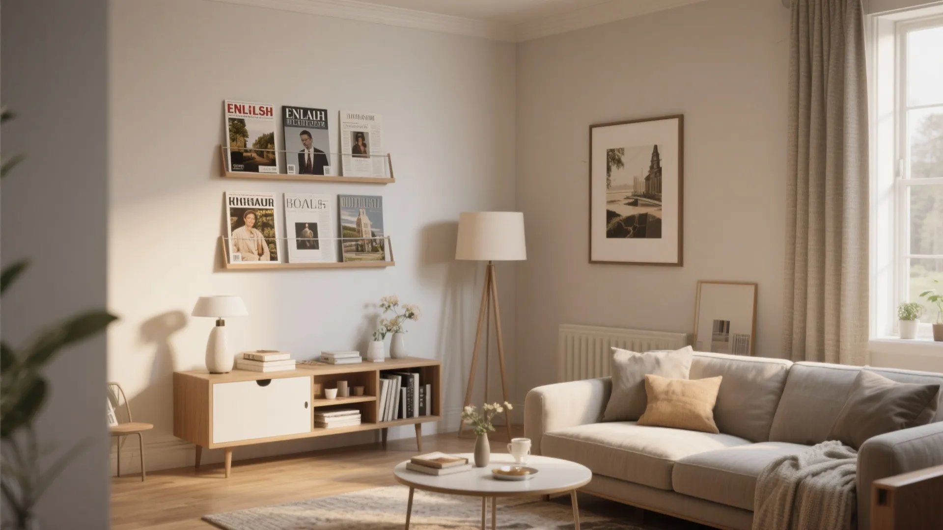 Cozy living room with beige sofa wood cabinet floor lamp wall magazine rack and round table