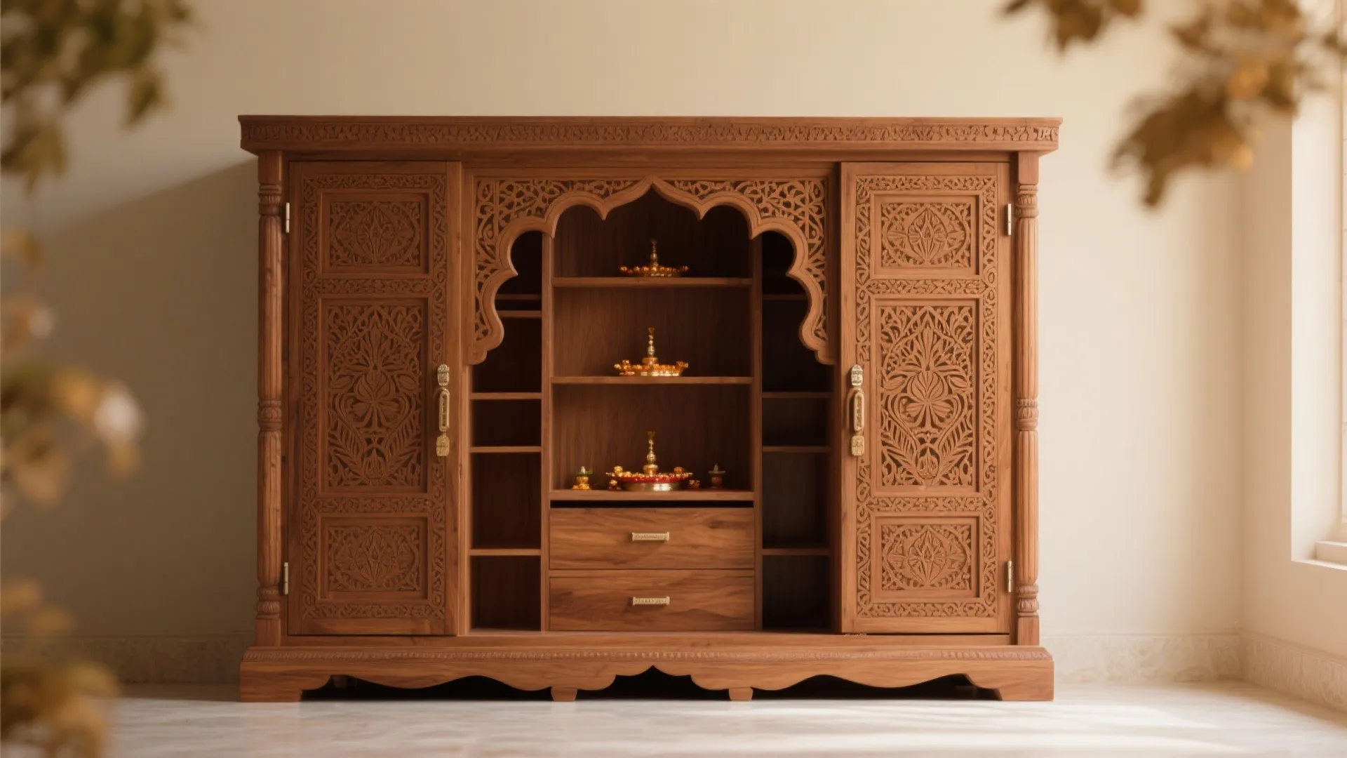 Large wooden cabinet with detailed carvings, open shelves for items, and small drawers for storage
