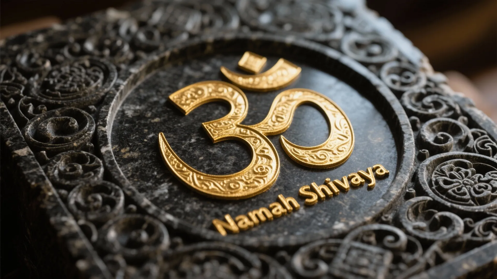 Close up of golden religious symbol and text engraved on black stone with decorative carved patterns