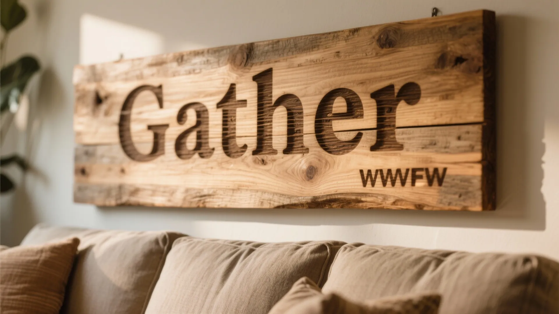 Engraved wooden 'Gather' sign above sectional sofa
