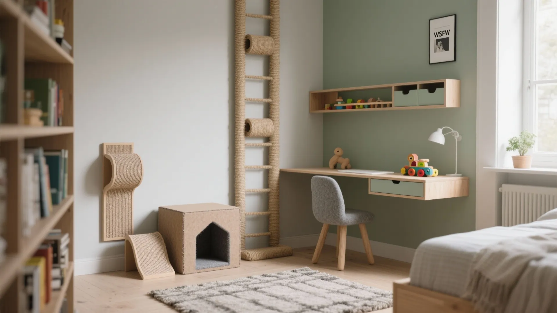 Modern home office with green wall featuring cat climbing ladder desk chair and cardboard house