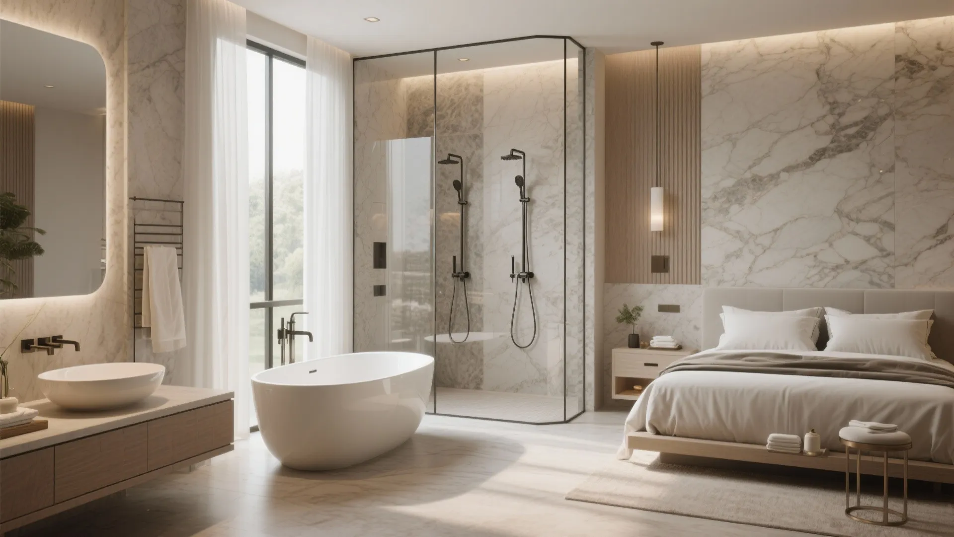Modern open master bedroom with integrated bathroom featuring white bathtub glass shower and marble wall panels
