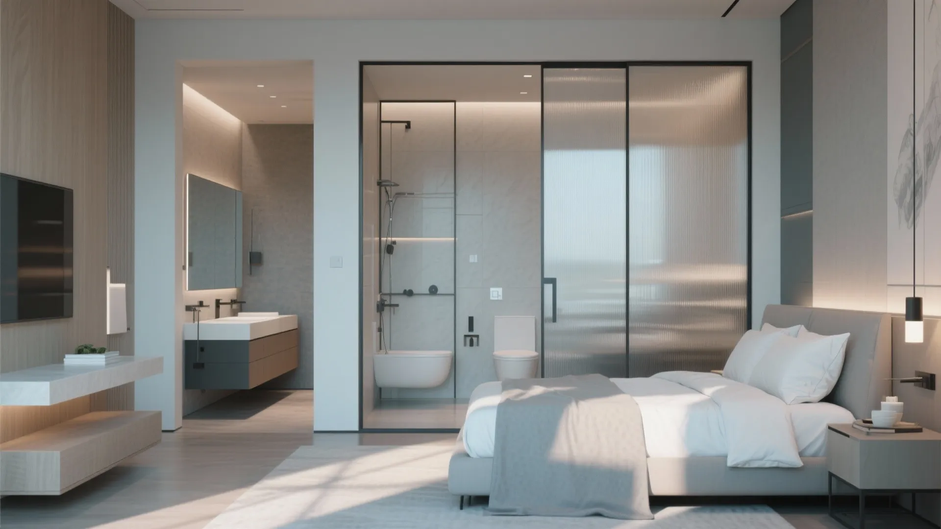 Modern bedroom connected to a bathroom with glass sliding door white bed and light wood cabinet