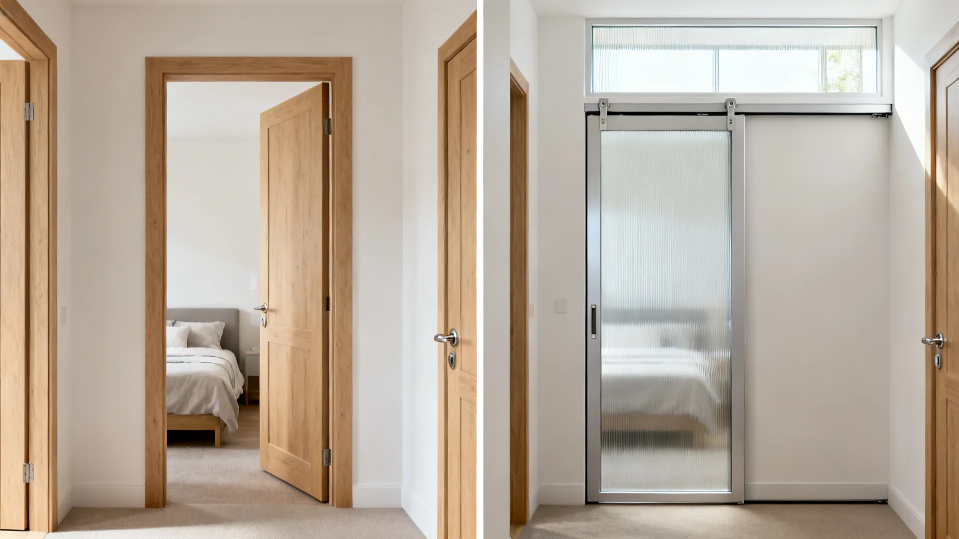 Side by side comparison showing a traditional wooden door next to a sliding glass door