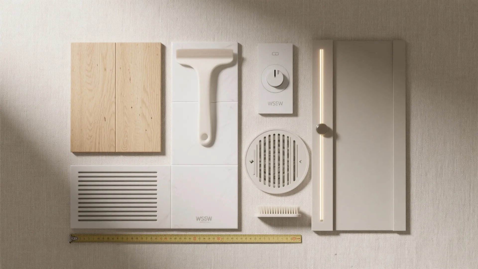 Flat lay of tile, wood, dimmer, LED strip, linear drain and vent grille for small ensuite planning