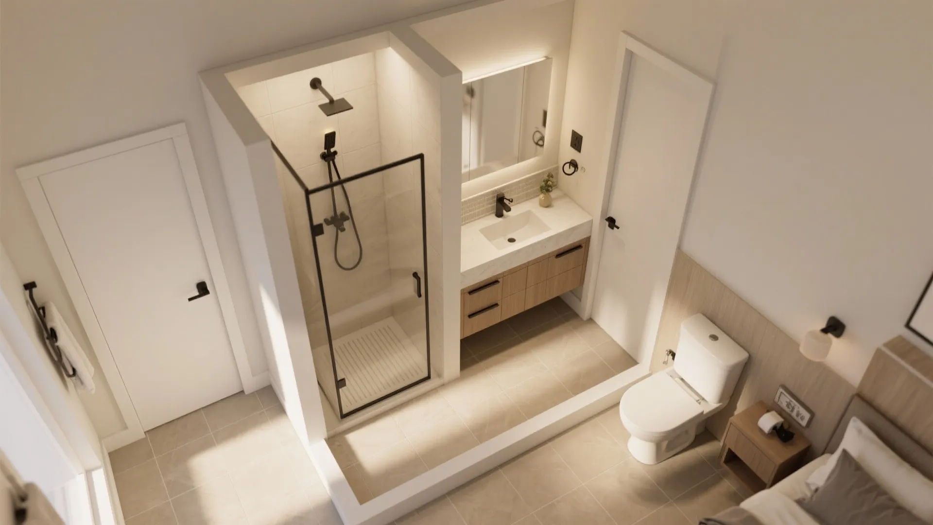 Top view interior design drawing of a modern bathroom layout including shower toilet and sink