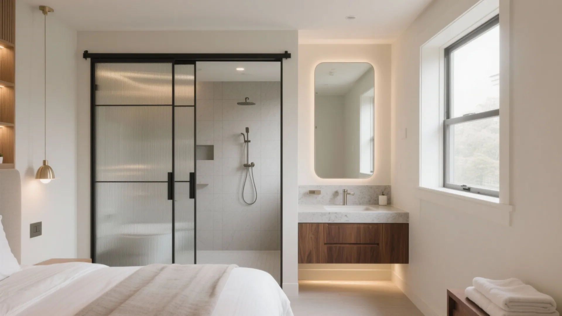 Modern master bedroom with sliding glass door leading to a bathroom with wood vanity sink
