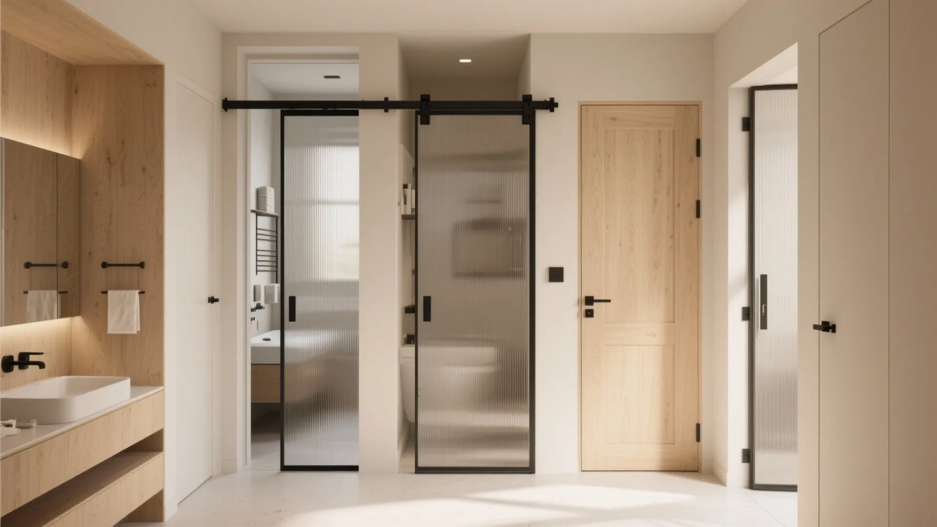 Interior view showing frosted glass sliding door wood door bathroom sink and light wood wall panels