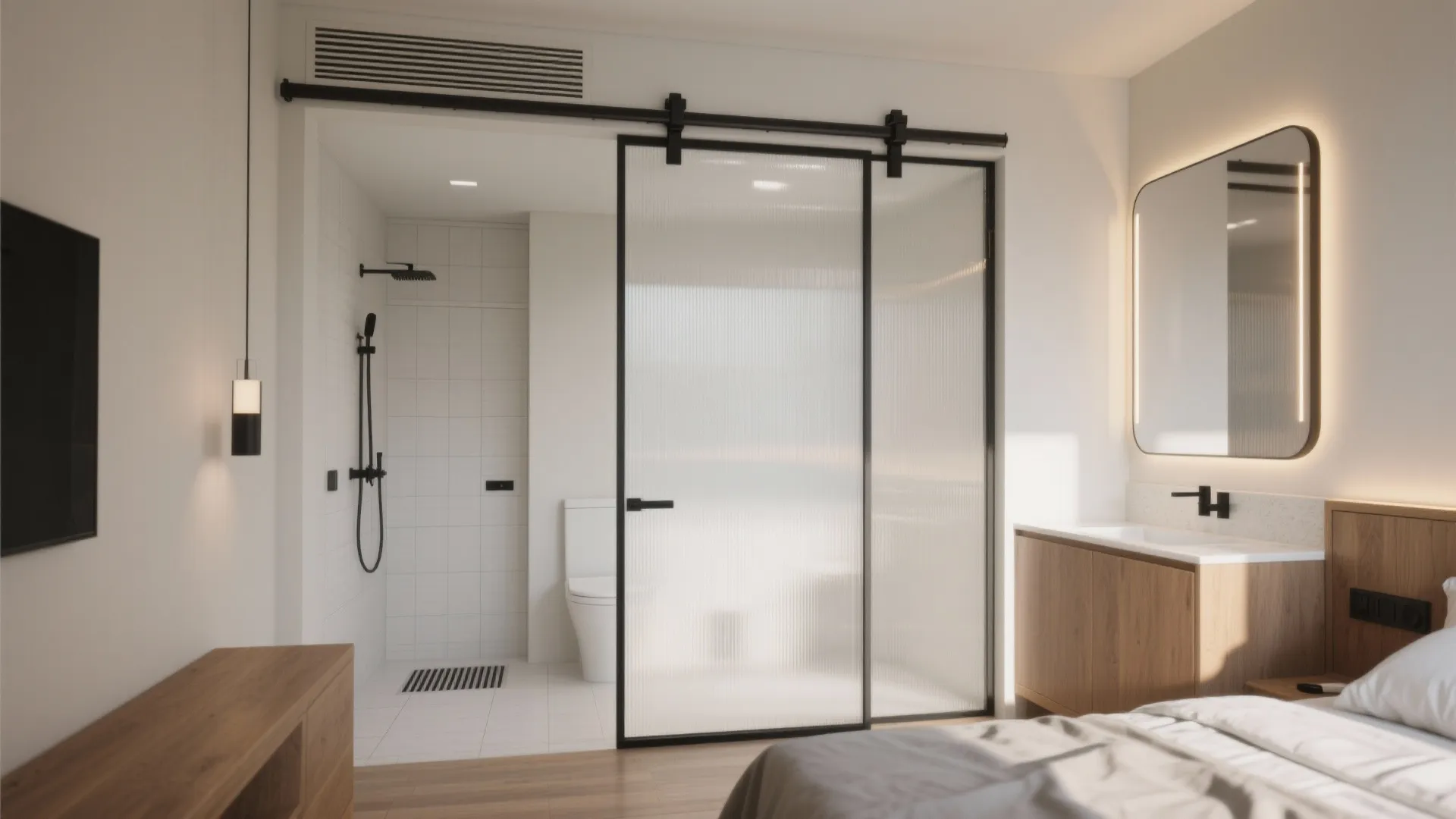 Modern master bedroom with glass sliding door leading to an ensuite bathroom with white tiles