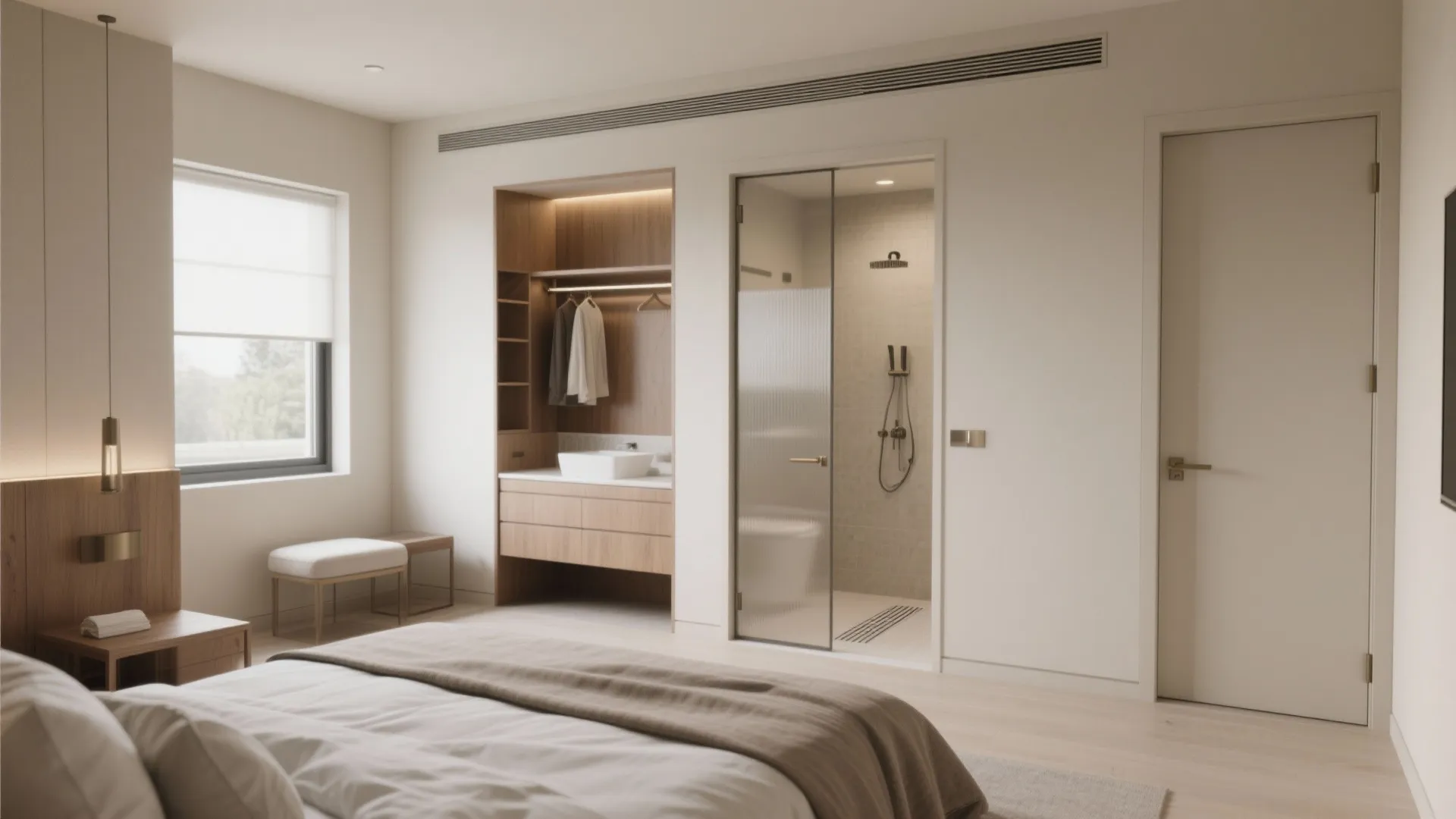 Modern master bedroom with integrated wooden wardrobe sink area glass shower and neutral interior design decor