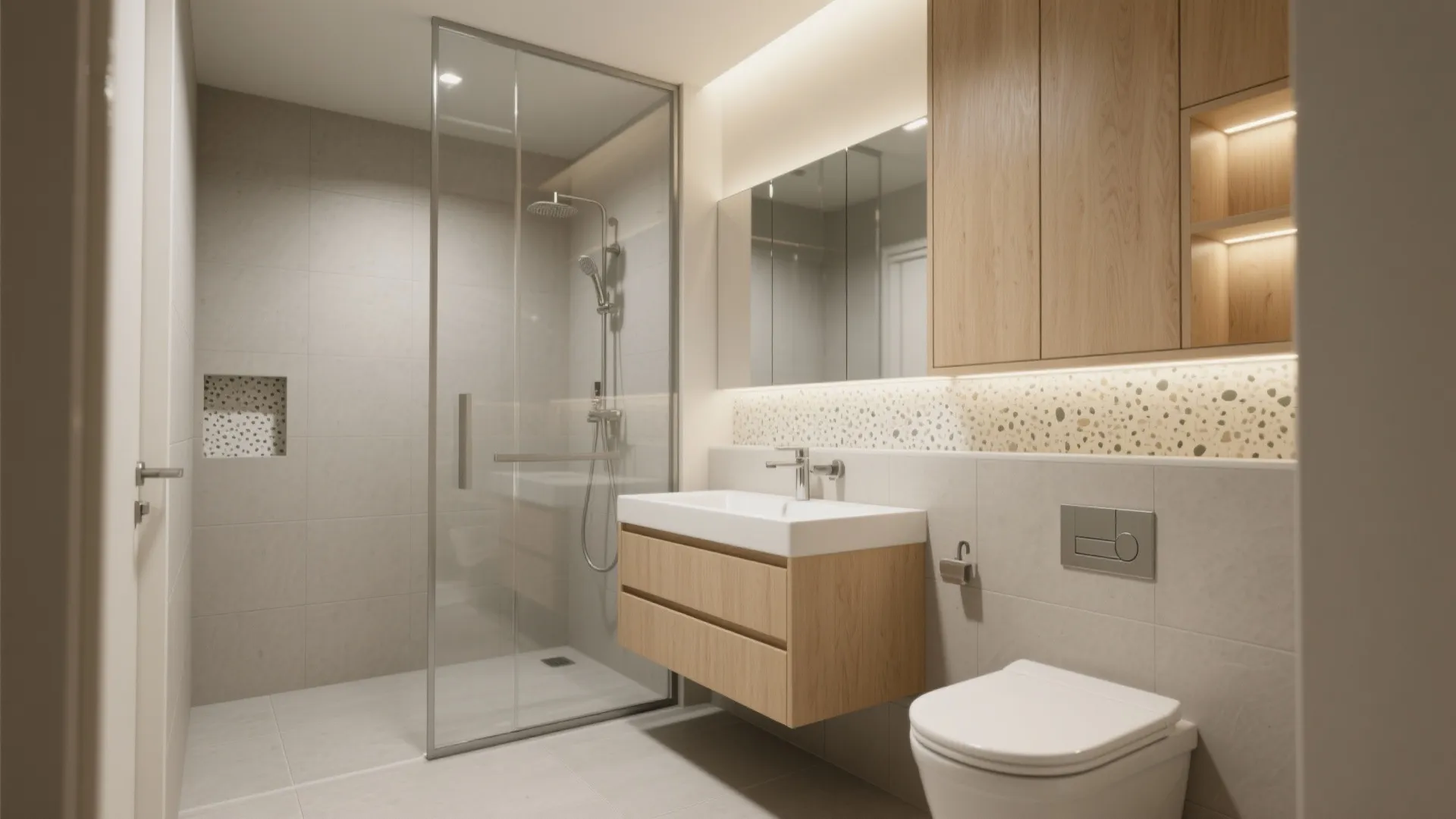 Modern bathroom with glass shower cabin wood cabinet white sink toilet and beige wall tiles