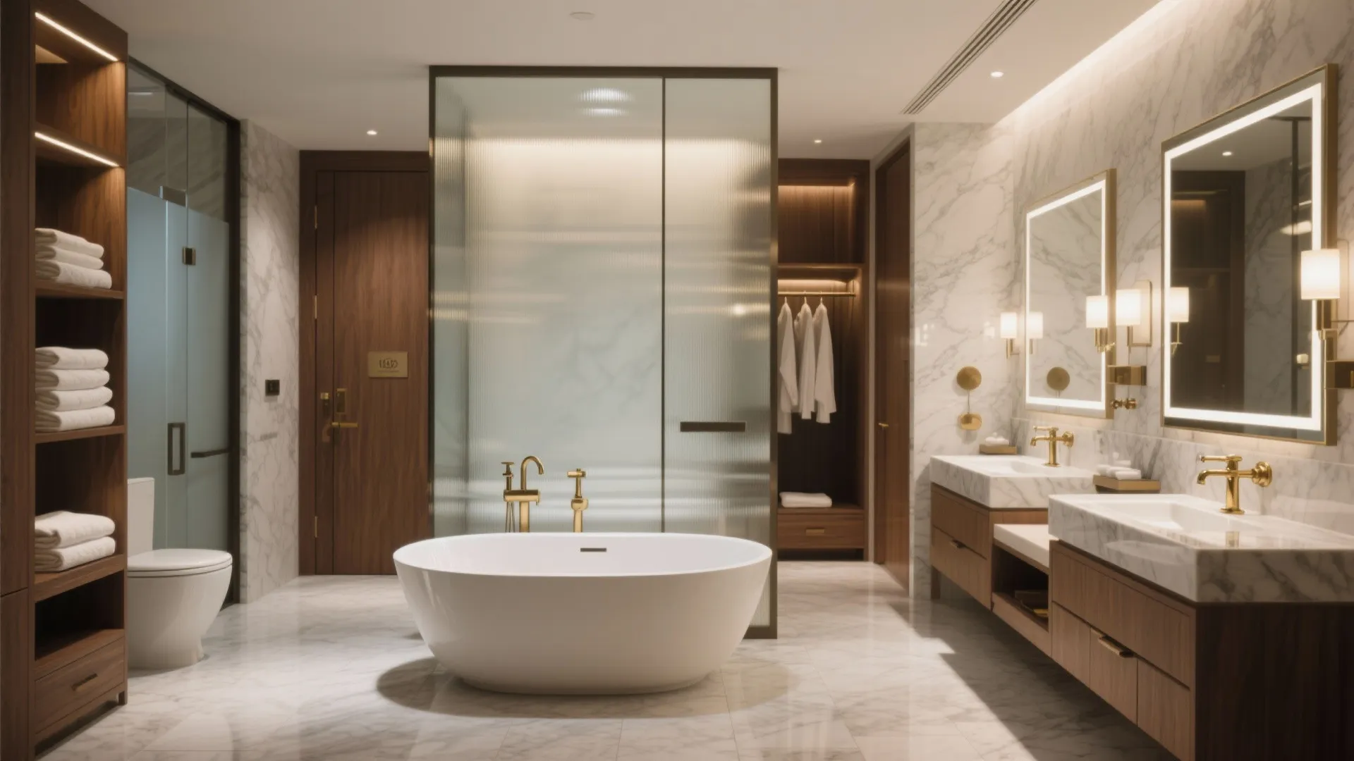 2) Suite layout: ensuite bath, double vanities, and walk-in closet