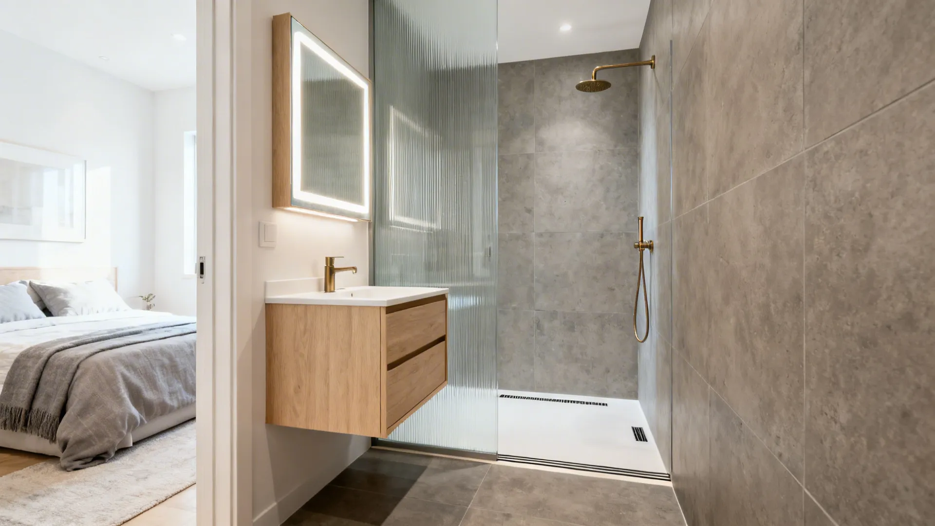 Bathroom featuring wood wall cabinet mirror with light glass partition gold shower head and grey tiles