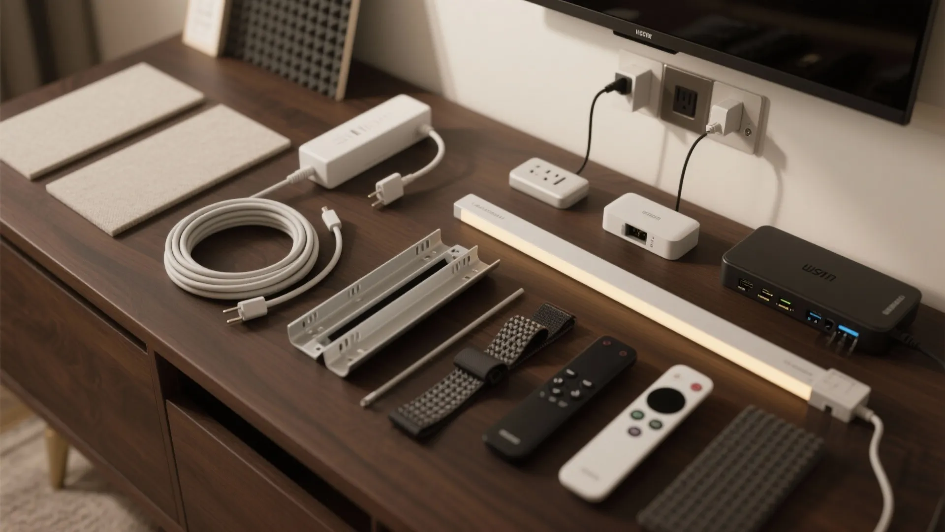 Various electronic accessories including remote controls and cables on a dark brown wooden storage cabinet