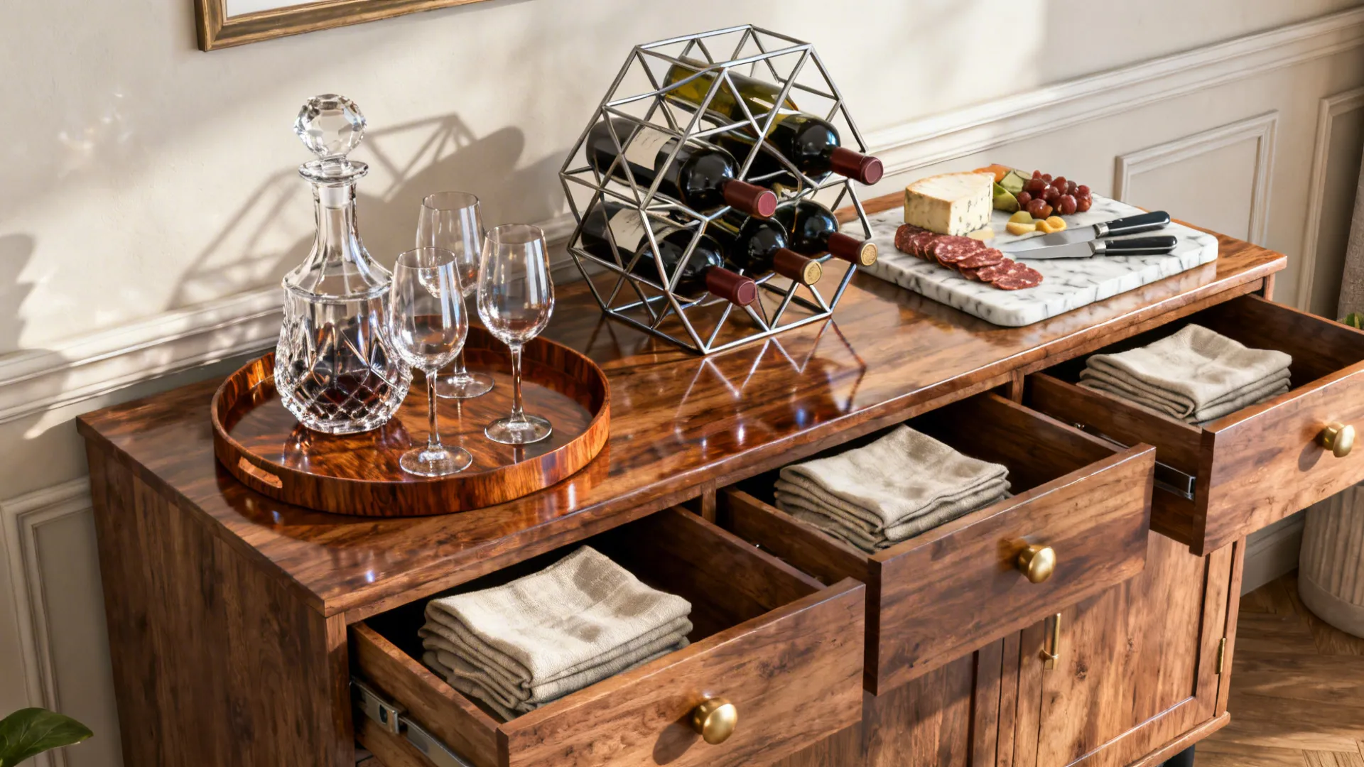Sideboard arranged as a functional bar with decanter, wine glasses and cheese board.