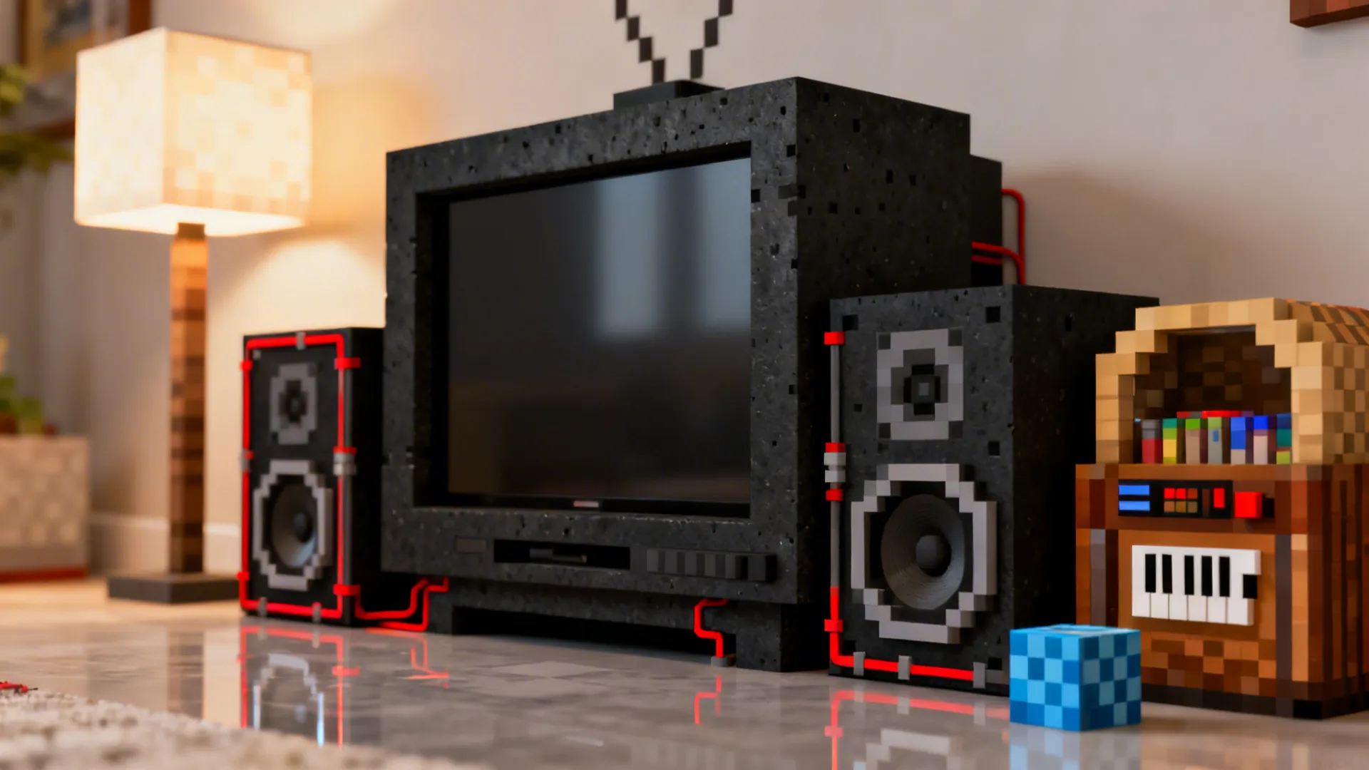 Pixel art entertainment area with black television, two large speakers, tall floor lamp, and jukebox