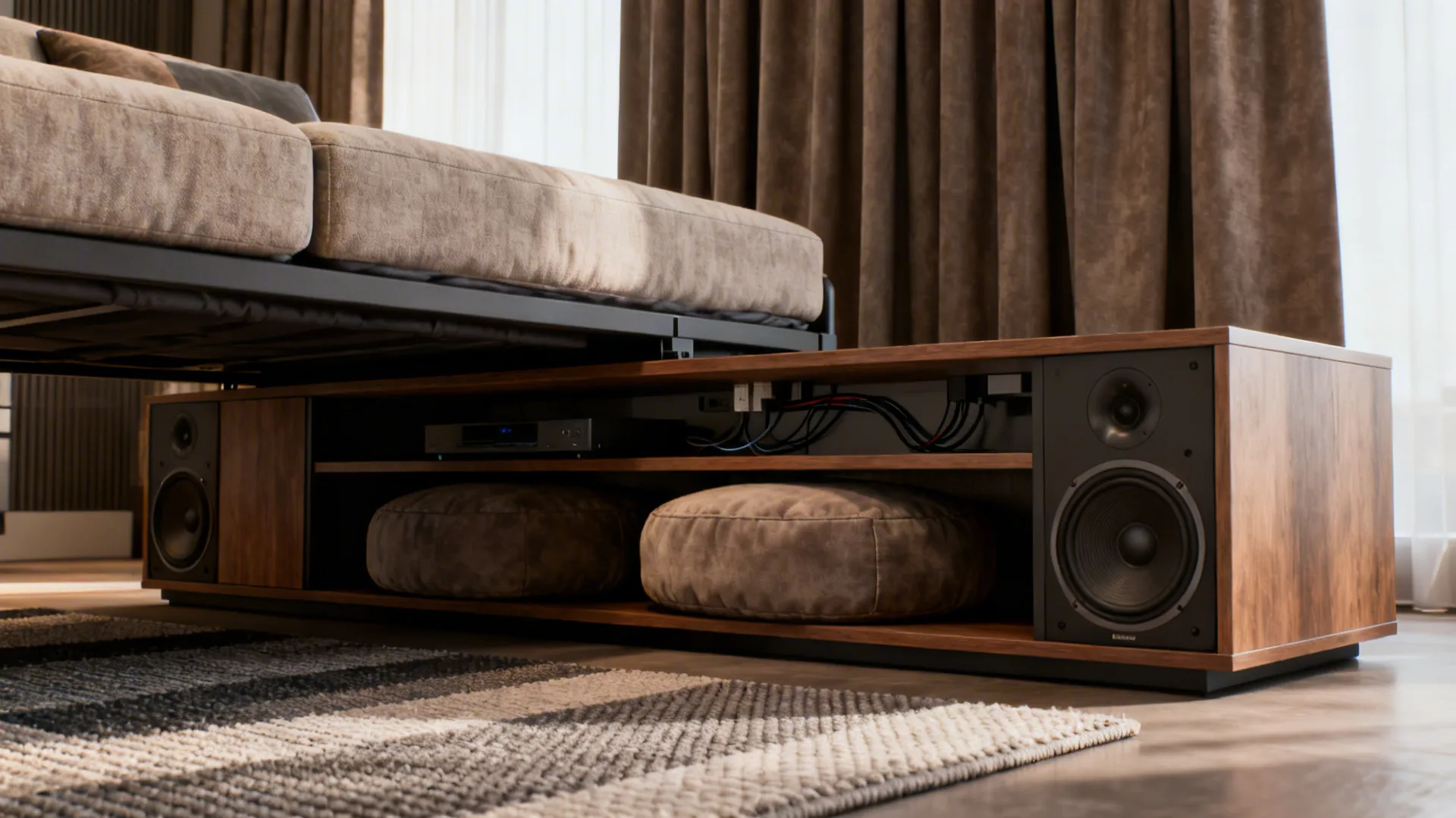 Detail of an entertainment-ready living room with a sleeper sofa, acoustic rug, and low-profile media console with hidden speakers.