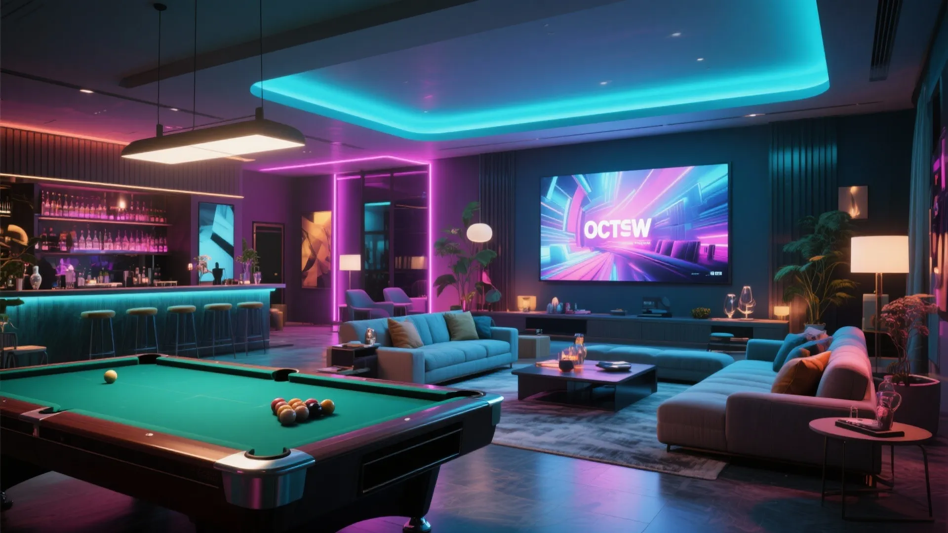 Modern entertainment room with pool table bar counter blue neon lights sofas and large television