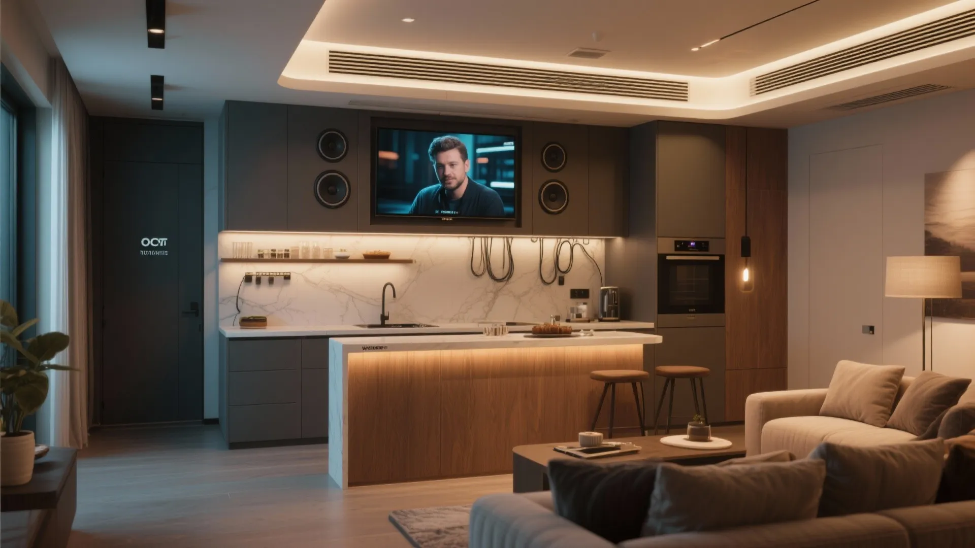 Modern open plan kitchen with wall television island stools sofa and warm hidden ceiling lights