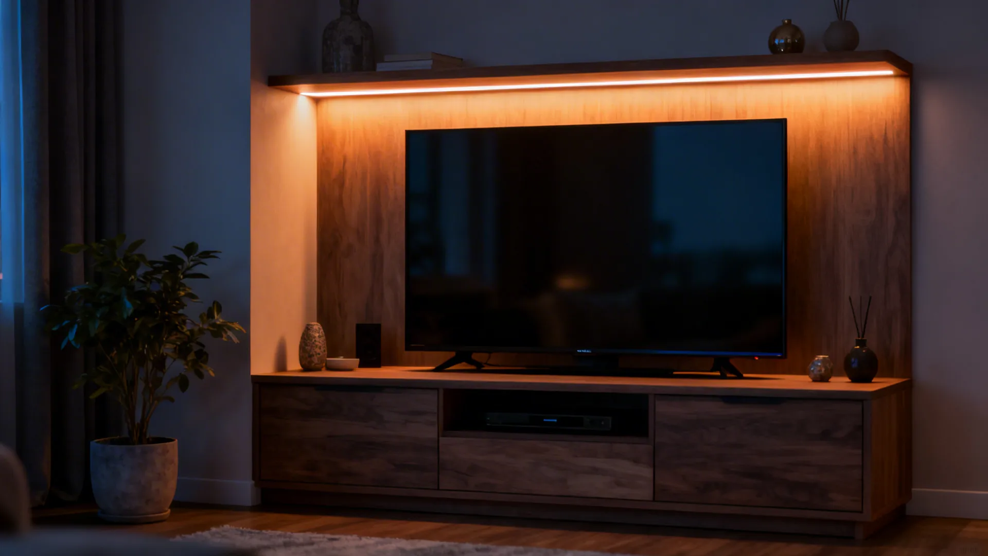 Compact corner entertainment unit with integrated warm LED strips softening TV contrast.