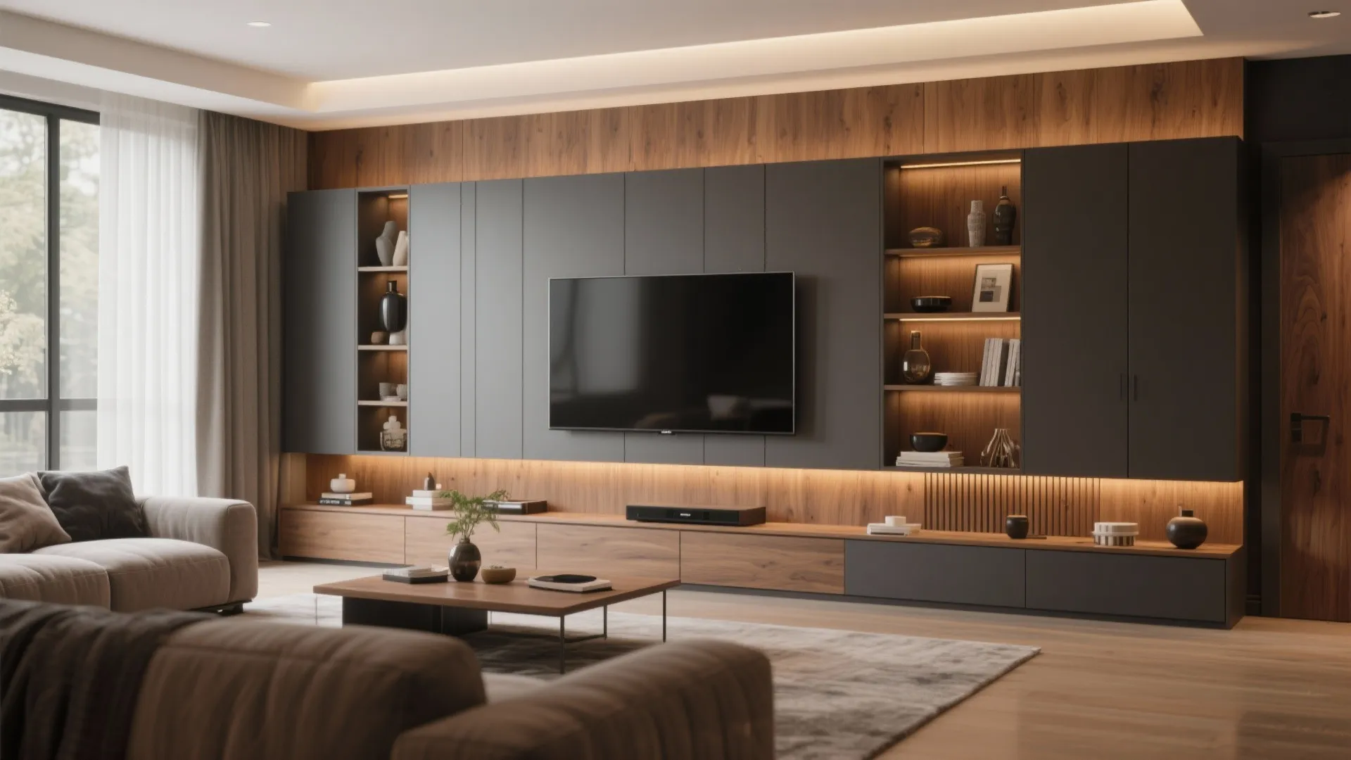 Sleek living room entertainment wall with large television dark grey cabinets wood panels and warm lighting