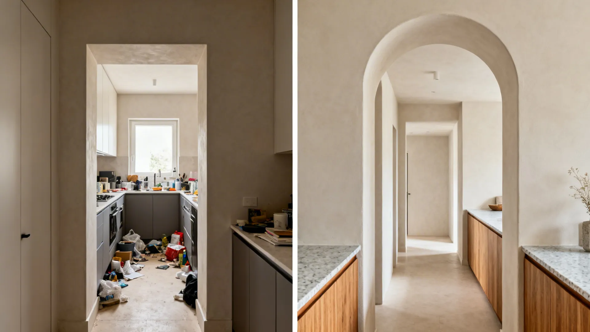 Before and after comparison replacing a rectangular kitchen entry with a soft plaster arch, brightening and widening the view.