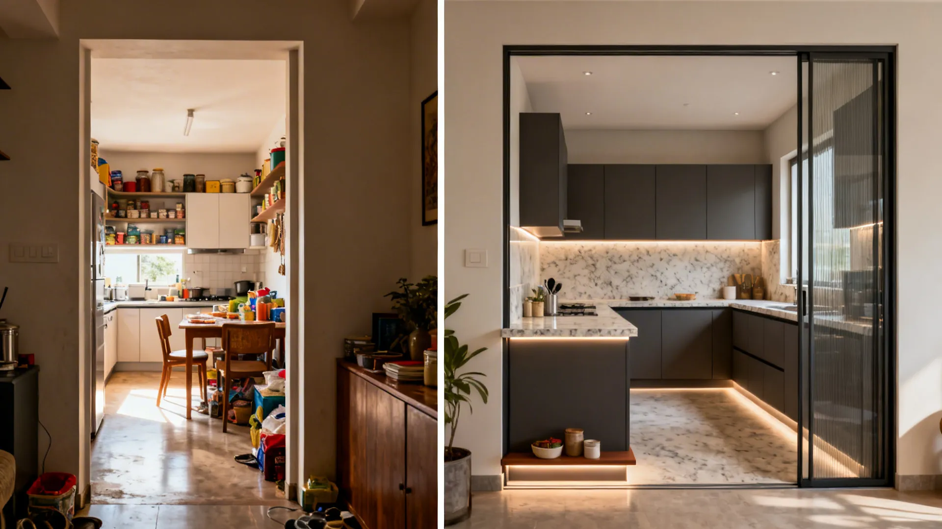 Before-and-after of an open kitchen entrance showing a widened, well-lit entry with cohesive storage and finishes.