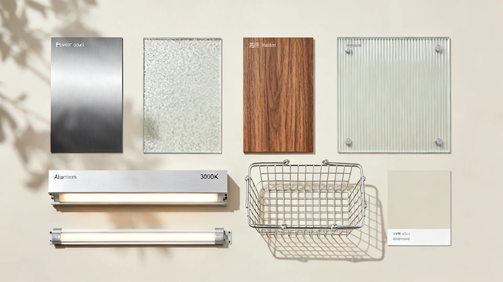 Flatlay of kitchen entrance materials including steel, etched glass, woodgrain laminate, LED profile, wire basket, and polycarbonate.