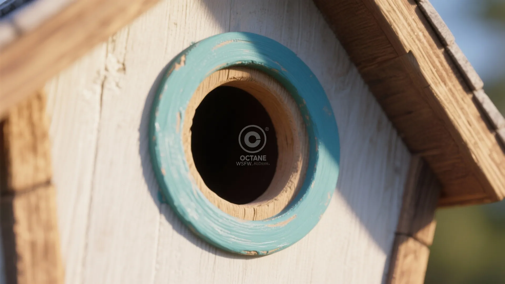 Close up of a wooden birdhouse with a blue painted circle around the entrance hole