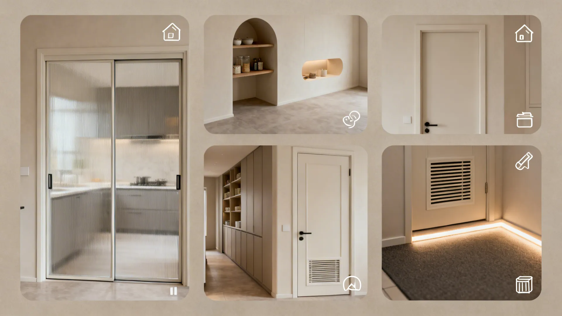Top-down collage of five kitchen entrance design approaches in a neutral palette.