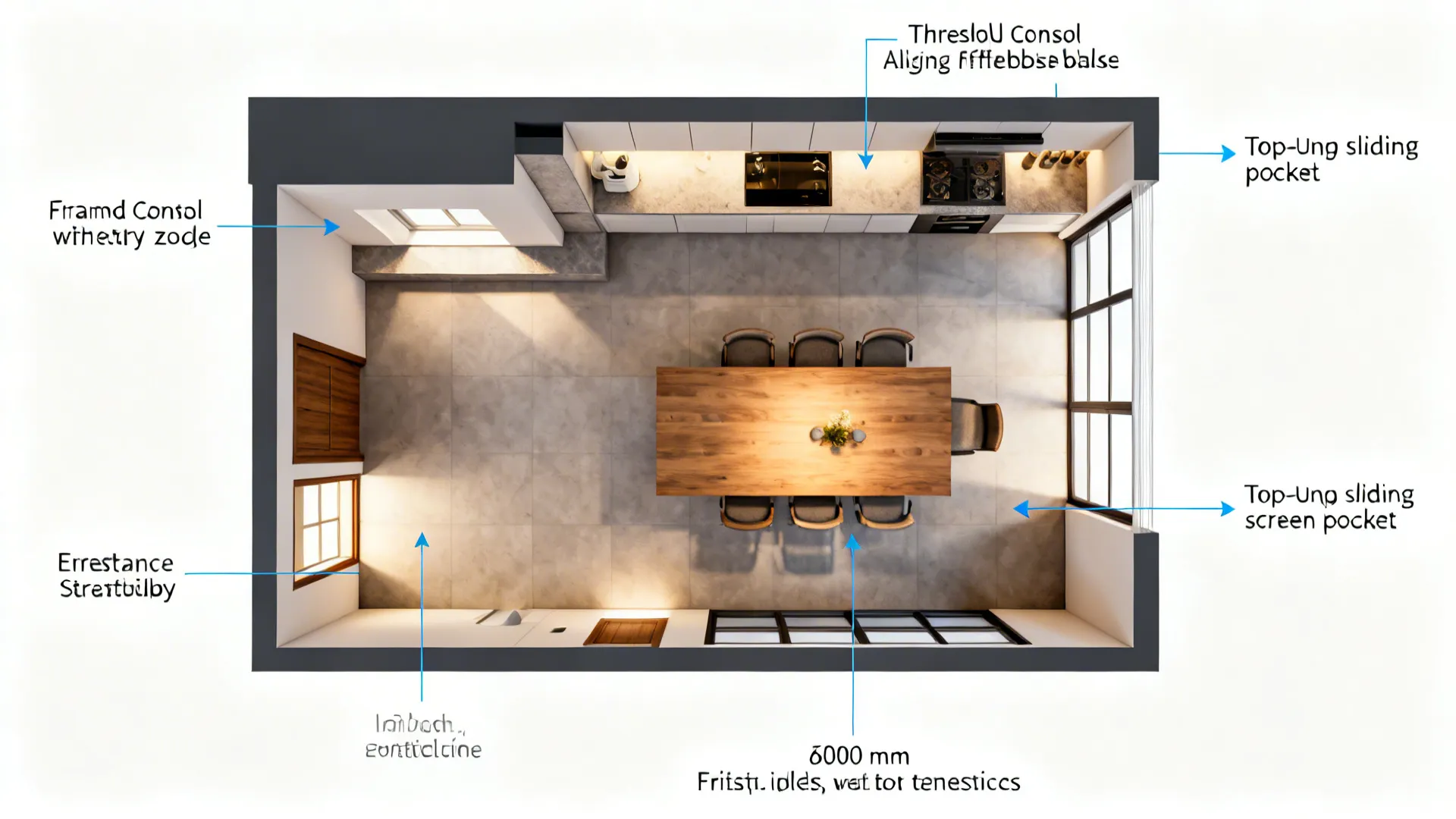 Top-down overview illustrating framed entry, console, reflective backsplash, sliding screen, and dining island flow.