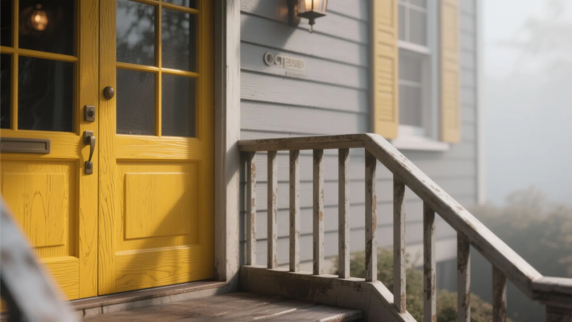 Close-up of a mustard entry door and bay window lower panels against a muted gray facade in soft fog.