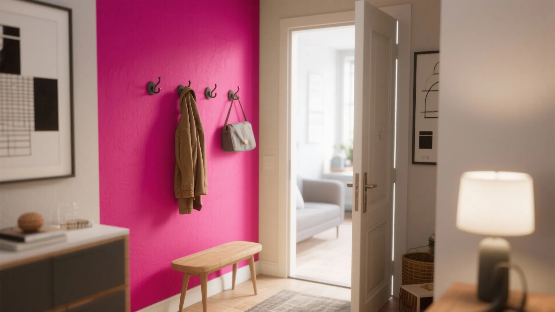 Small entry with bold painted accent wall and hooks