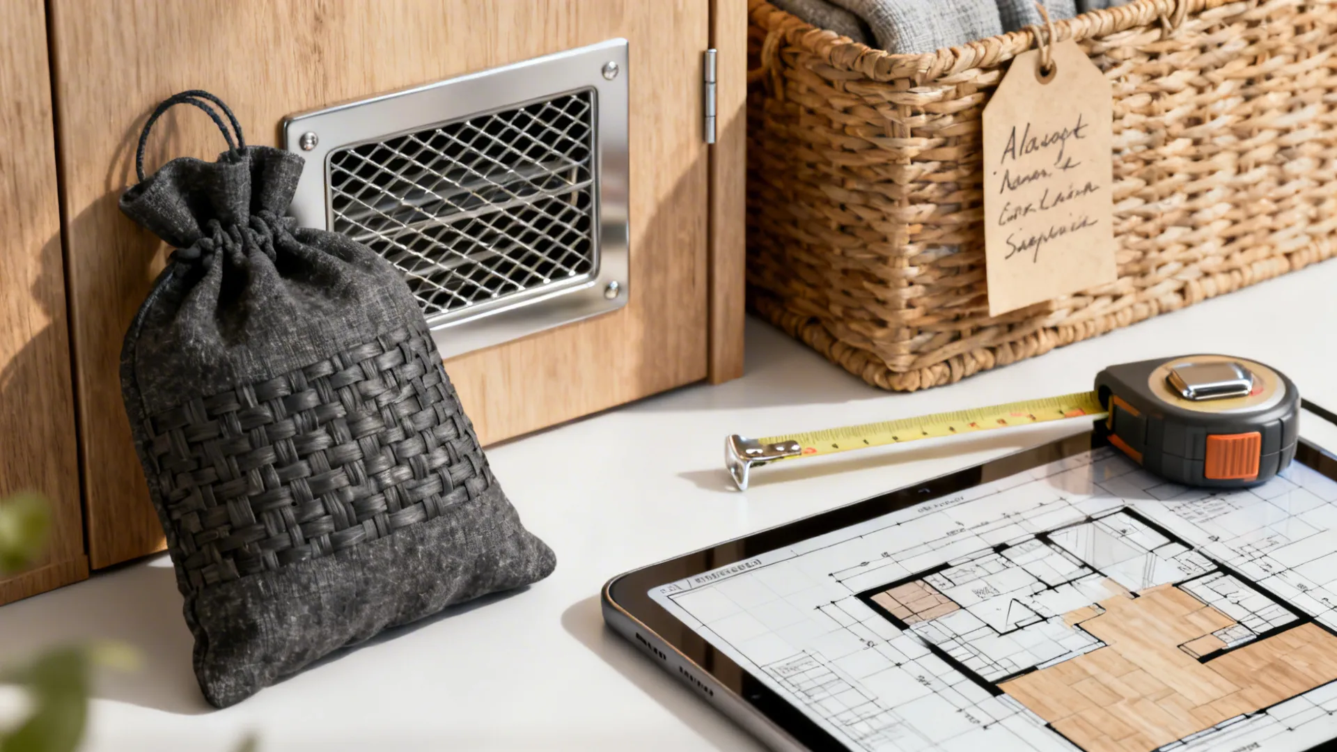 Charcoal sachet, labeled basket, measuring tape and tablet showing a 3D floor planner for entryway planning