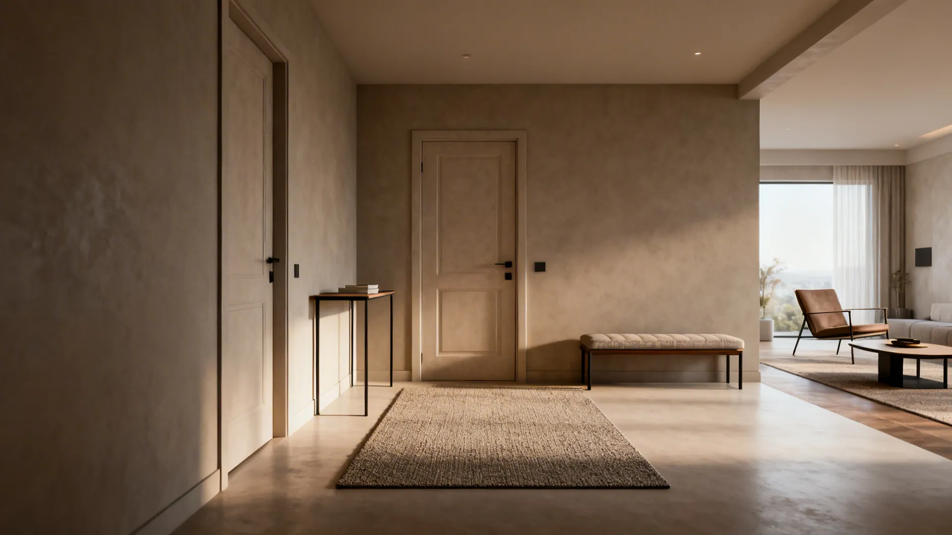Open-plan entry with a 5x7 rug defining a small lounge near the door, paired with a slim console and compact table.