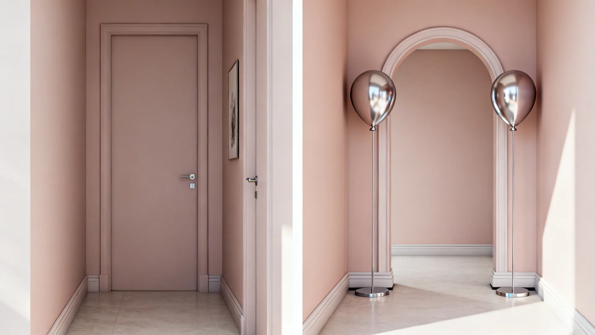 Before and after comparison showing a pink door replaced by an arched wall with lamps