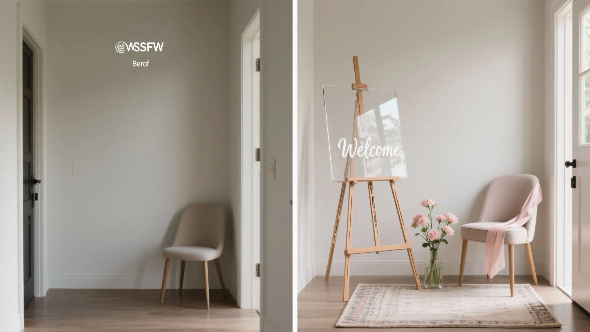 Before and after comparison of an empty home entrance transformed with flowers and welcome sign