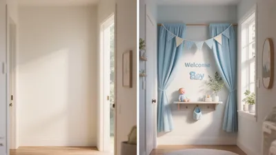 Soft Blue Nursery Entrance with 'Welcome Boy' Decor